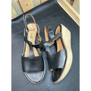 Clarks Womens Leather Black Wedge Sandals US 9 Comfortable Cushioned Sole